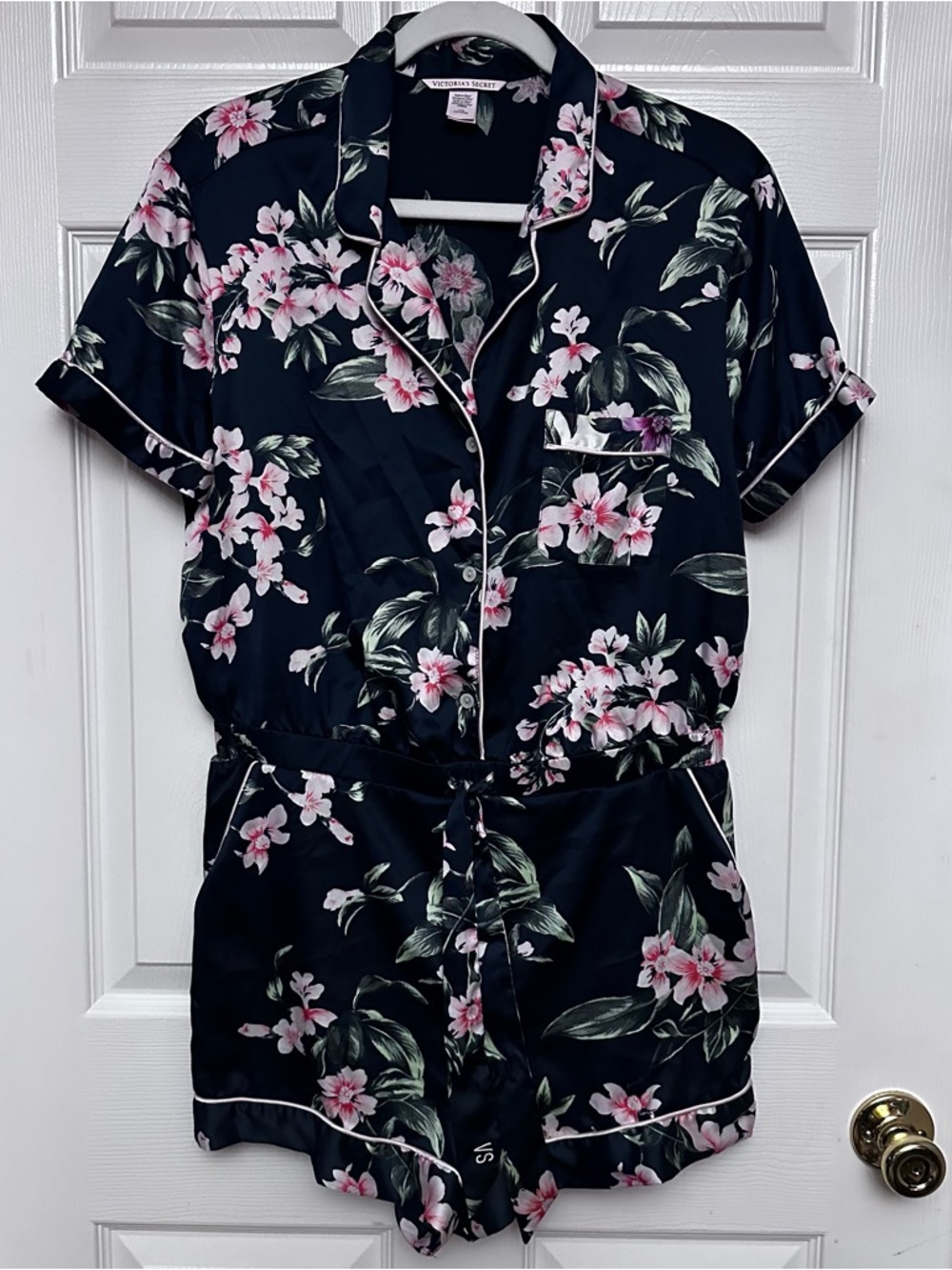 Victoria's Secret Satin Romper Pajama Navy Pink Floral Short Sleeve Collared